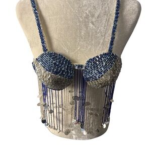 Sequin Fringe Bustier Top - Belly Dance Blue & Silver handcrafted adjust closure
